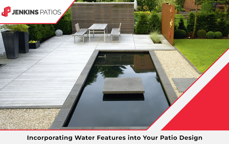 Beautiful pond water feature installed in a patio, enhancing the outdoor space with tranquil water and natural elements