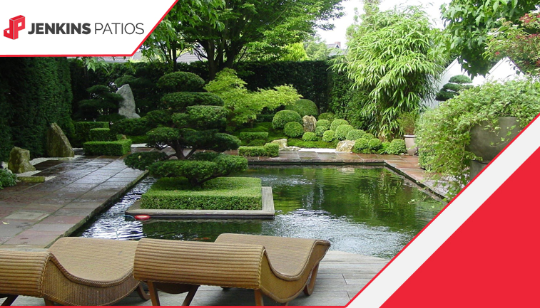 Modern Japanese garden featuring minimalistic design elements and serene water features, creating a peaceful outdoor retreat